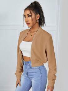 SHEIN Essnce Solid Zip Up Crop Bomber Jacket In Fall/Winter - Khaki - View 3