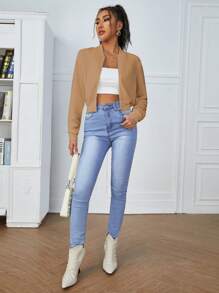 SHEIN Essnce Solid Zip Up Crop Bomber Jacket In Fall/Winter - Khaki - View 5