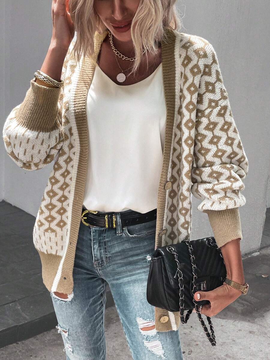 SHEIN LUNE Geo Print Drop Shoulder Cardigan - Multicolor - View 1