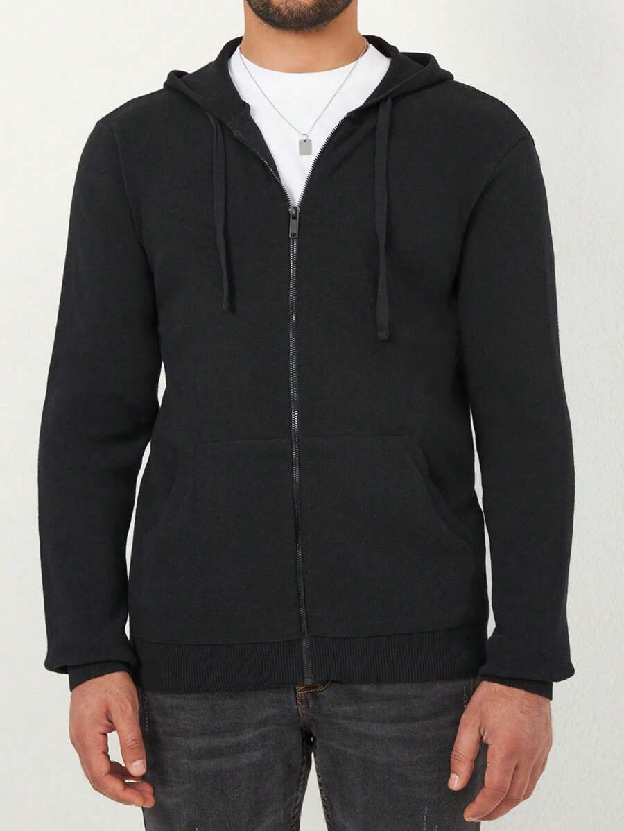 SHEIN Cottnline Men Zip Up Drawstring Hooded Jacket - Black - View 1