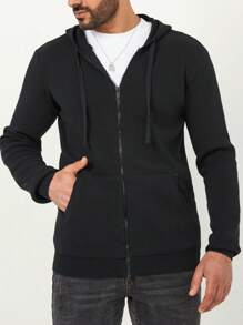 SHEIN Cottnline Men Zip Up Drawstring Hooded Jacket - Black - View 3