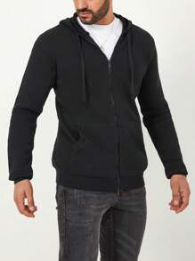 SHEIN Cottnline Men Zip Up Drawstring Hooded Jacket - Black - View 4