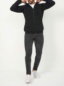 SHEIN Cottnline Men Zip Up Drawstring Hooded Jacket - Black - View 5