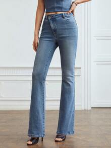 MOTF PREMIUM 階梯式腰牛仔喇叭褲 - 中等水洗藍 - 查看 6