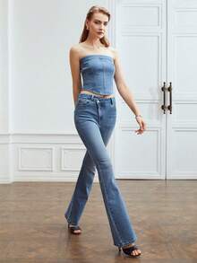 MOTF PREMIUM 階梯式腰牛仔喇叭褲 - 中等水洗藍 - 查看 4