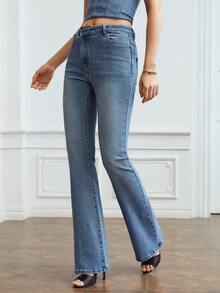 MOTF PREMIUM 階梯式腰牛仔喇叭褲 - 中等水洗藍 - 查看 5