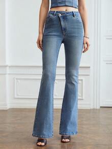 MOTF PREMIUM 階梯式腰牛仔喇叭褲 - 中等水洗藍 - 查看 8