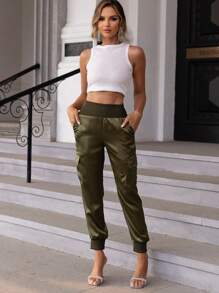 Joyfunear 女式工装口袋松紧腰九分裤 - 軍綠色 - 查看 1