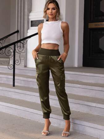 Joyfunear Women's Cargo Pocket Elastic Waist Ankle Pants