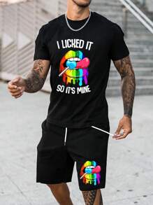 Manfinity LEGND Hombres Camiseta con estampado de boca con slogan & Shorts de cintura con cordón - Negro - Ver 1