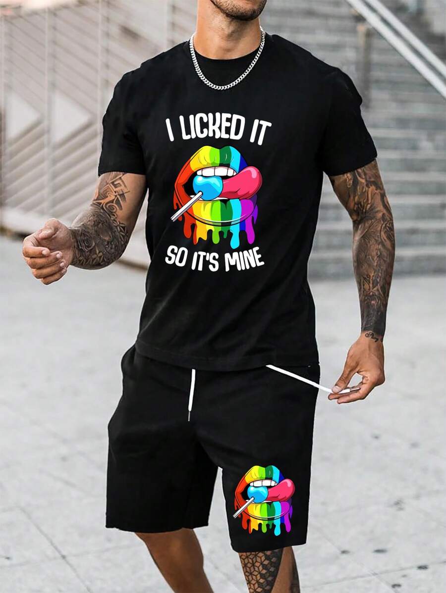 Manfinity LEGND Hombres Camiseta con estampado de boca con slogan & Shorts de cintura con cordón - Negro - Ver 1