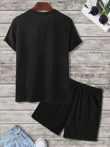 Manfinity LEGND Hombres Camiseta con estampado de boca con slogan & Shorts de cintura con cordón - Negro - Ver 2