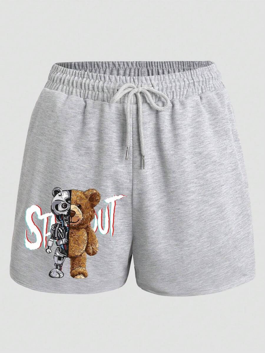 Nam Đồ họa chữ cái & Gấu Eo dây rút Quần short - Màu Xám nhạt - Xem 1