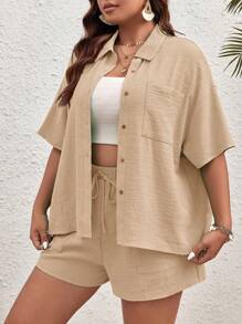 SHEIN VCAY Talla grande unicolor de hombros caídos Camisa & Shorts - Caqui - Ver 3