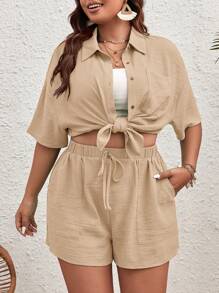 SHEIN VCAY Talla grande unicolor de hombros caídos Camisa & Shorts - Caqui - Ver 4