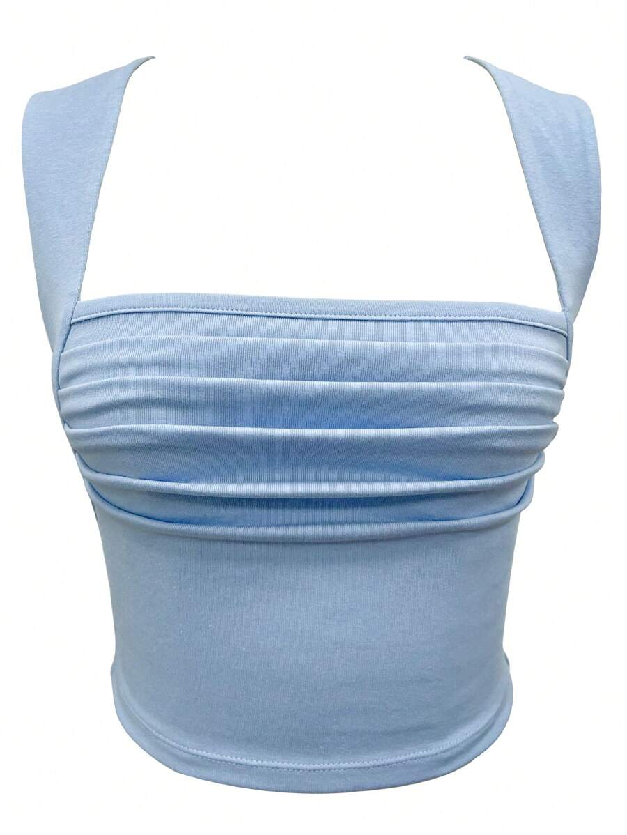 Jednolity Pomarszczona Tank Top - Jasnoniebieski - Zobacz 1