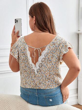 SHEIN Frenchy 大碼碎花蕾絲拼接後綁帶襯衫