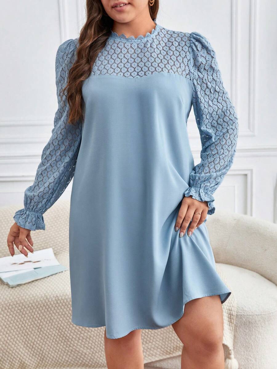 SHEIN Frenchy Plus Contrast Lace Flare Sleeve Dress - Dusty Blue - View 1