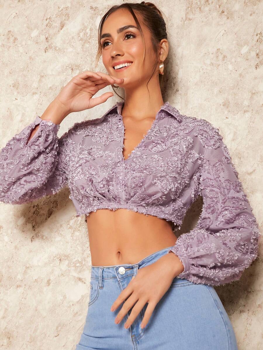 SHEIN BAE 燈籠袖毛茸茸短款襯衫 - 紫丁香色 - 查看 1