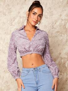 SHEIN BAE 燈籠袖毛茸茸短款襯衫 - 紫丁香色 - 查看 4