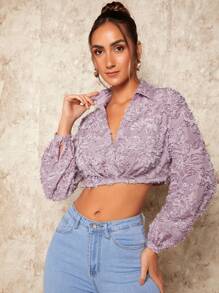 SHEIN BAE 燈籠袖毛茸茸短款襯衫 - 紫丁香色 - 查看 7