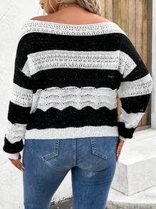 SHEIN LUNE 大碼雙色網眼針織落肩袖套頭毛衣 - 黑與白 - 查看 2