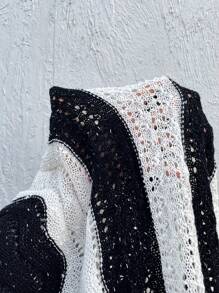 SHEIN LUNE 大碼雙色網眼針織落肩袖套頭毛衣 - 黑與白 - 查看 5