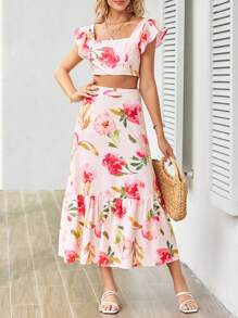 SHEIN VCAY Floral Print Butterfly Sleeve Crop Top & Ruffle Hem Skirt - Multicolor - View 6