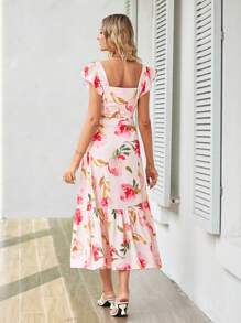SHEIN VCAY Floral Print Butterfly Sleeve Crop Top & Ruffle Hem Skirt - Multicolor - View 2