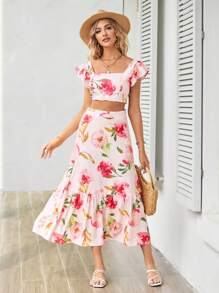 SHEIN VCAY Floral Print Butterfly Sleeve Crop Top & Ruffle Hem Skirt - Multicolor - View 4
