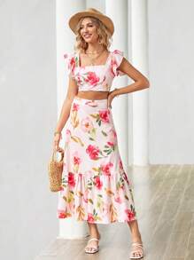 SHEIN VCAY Floral Print Butterfly Sleeve Crop Top & Ruffle Hem Skirt - Multicolor - View 5