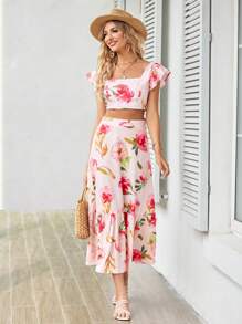 SHEIN VCAY Floral Print Butterfly Sleeve Crop Top & Ruffle Hem Skirt - Multicolor - View 1