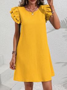 SHEIN VCAY Chất rắn áo tay bướm Đầm Tunic - Màu vàng - Xem 4