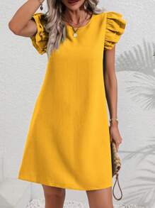 SHEIN VCAY Chất rắn áo tay bướm Đầm Tunic - Màu vàng - Xem 5