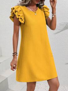 SHEIN VCAY Chất rắn áo tay bướm Đầm Tunic - Màu vàng - Xem 6