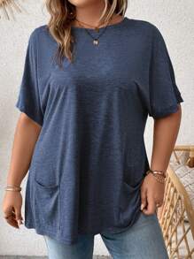 EMERY ROSE Hơn tay cánh Vá Túi Áo thun - Màu xanh hải quân - Xem 3