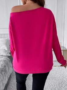 SHEIN LUNE Plus Letter Graphic Asymmetrical Neck Drop Shoulder Sweatshirt - Hot Pink - View 2