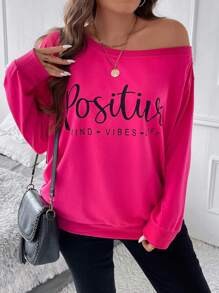 SHEIN LUNE Plus Letter Graphic Asymmetrical Neck Drop Shoulder Sweatshirt - Hot Pink - View 4