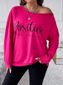 SHEIN LUNE Plus Letter Graphic Asymmetrical Neck Drop Shoulder Sweatshirt - Hot Pink - View 5