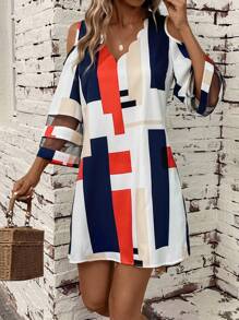 SHEIN LUNE 幾何印花挖肩網紗拼接拼接連衣裙 - 彩色 - 查看 1