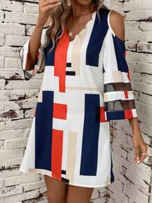 SHEIN LUNE 幾何印花挖肩網紗拼接拼接連衣裙 - 彩色 - 查看 3