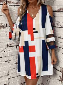 SHEIN LUNE 幾何印花挖肩網紗拼接拼接連衣裙 - 彩色 - 查看 4