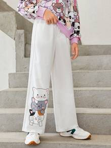 SHEIN Tween Girl Cartoon Graphic Wide Leg Trousers - White - View 4
