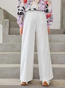 SHEIN Tween Girl Cartoon Graphic Wide Leg Trousers - White - View 2