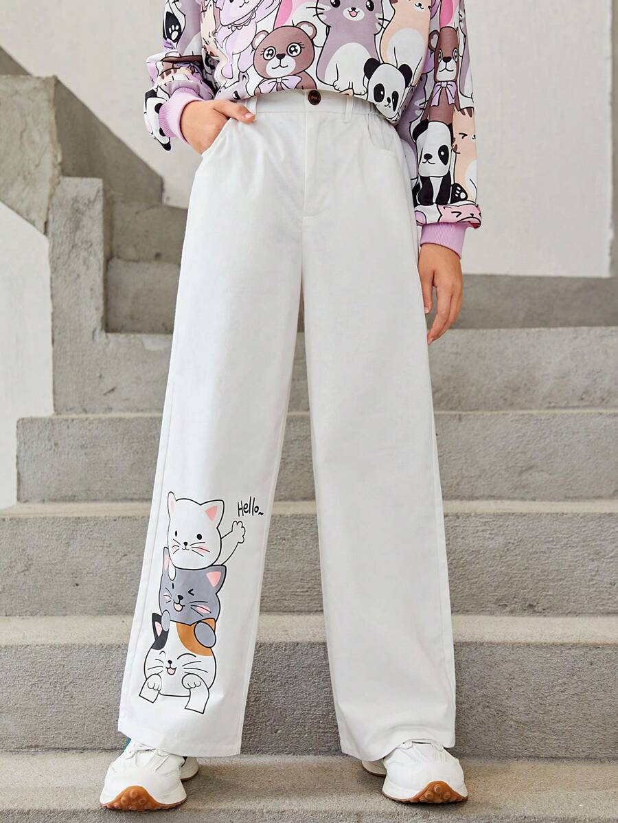 SHEIN Tween Girl Cartoon Graphic Wide Leg Trousers - White - View 1