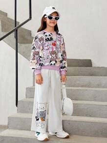 SHEIN Tween Girl Cartoon Graphic Wide Leg Trousers - White - View 6