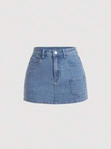 SHEIN MOD Solid Denim Skort - Light Wash - View 1