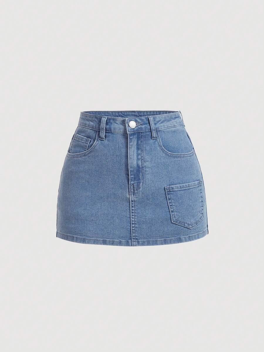 SHEIN MOD Solid Denim Skort - Light Wash - View 1
