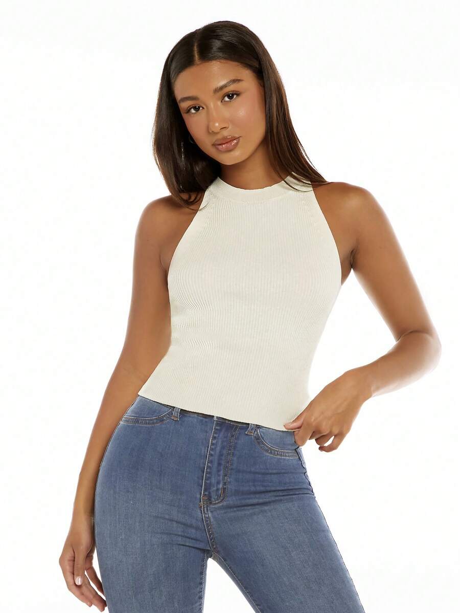 SHEIN BASICS Chất rắn Đồ đan Ribbed Áo hai dây - Màu be - Xem 1