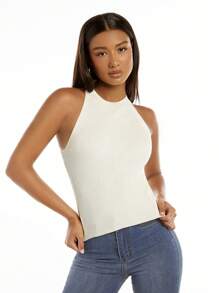 SHEIN BASICS Chất rắn Đồ đan Ribbed Áo hai dây - Màu be - Xem 6